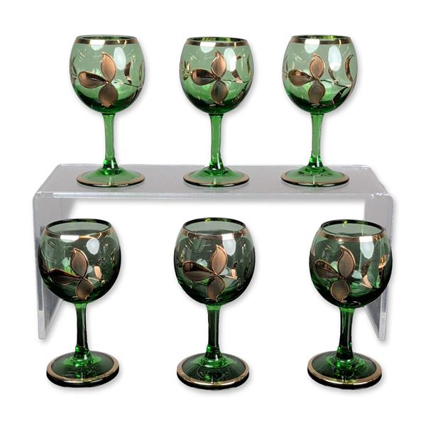 6pc Bohemia Gilded Green Glass Cordials