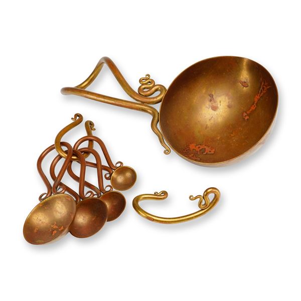 A Joe Spoon Signed Brass Set of Measuring Spoons and Cup