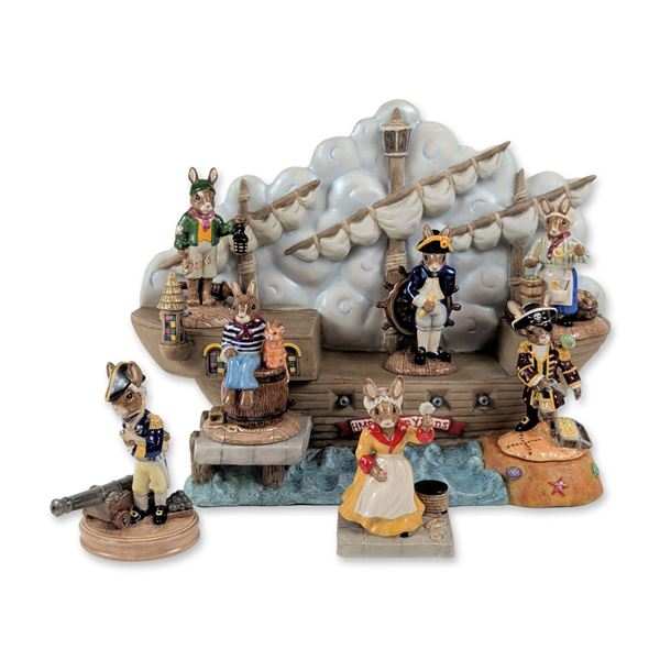 8pc Royal Doulton Bunnykins Shipmates Collection: 7 Figurines & HMS Pirate Ship Base
