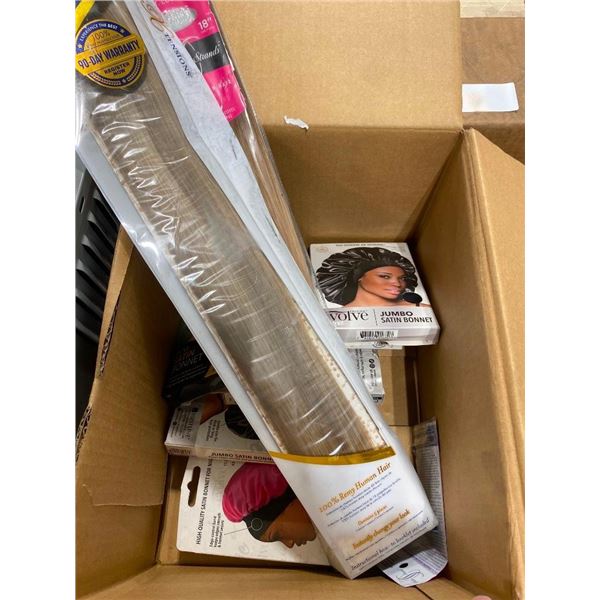 BOX LOT OF HAIR EXTENSIONS AND BONNET NETS