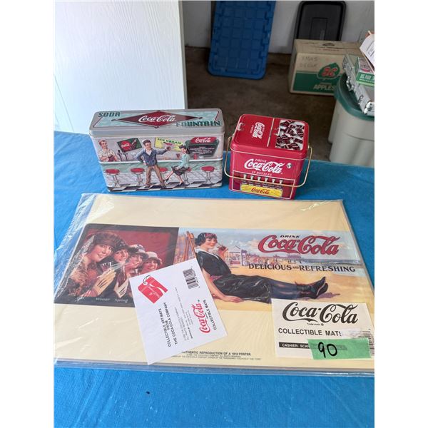 MIXED LOT COCA-COLA COLLECTIBLES TINS AND ADVERTISING MATS