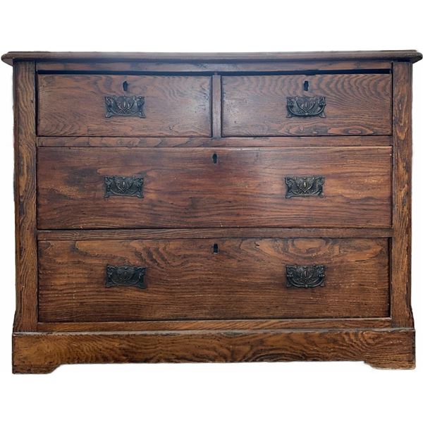 Antique Walnut Oak Four-Drawer Chest With Ornate Metal Handles