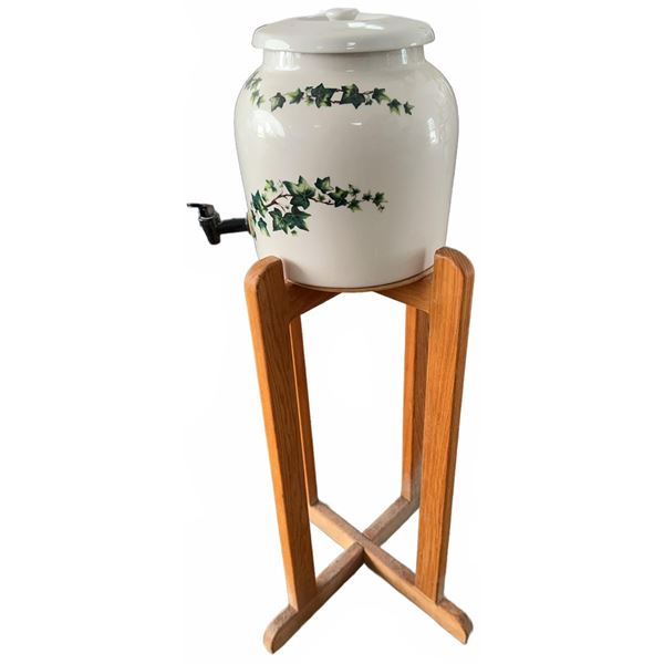 Ceramic Drink Dispenser with Ivy Pattern and Wooden Stand