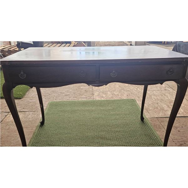 Wood Table with Two Drawers and Green Rug, Table 44x25.5x30 in, Rug 60x45 in