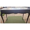 Image 1 : Wood Table with Two Drawers and Green Rug, Table 44x25.5x30 in, Rug 60x45 in