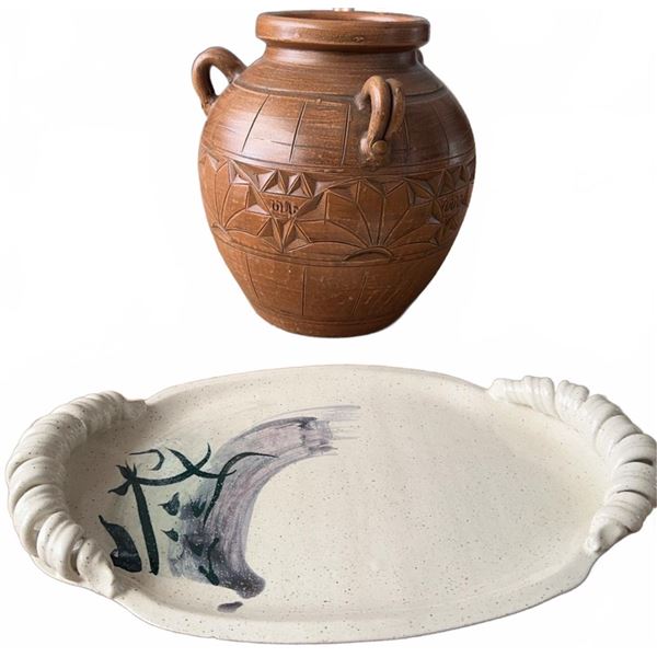 Handmade Brown Stoneware Pot and Oval Ceramic Platter