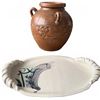 Image 1 : Handmade Brown Stoneware Pot and Oval Ceramic Platter