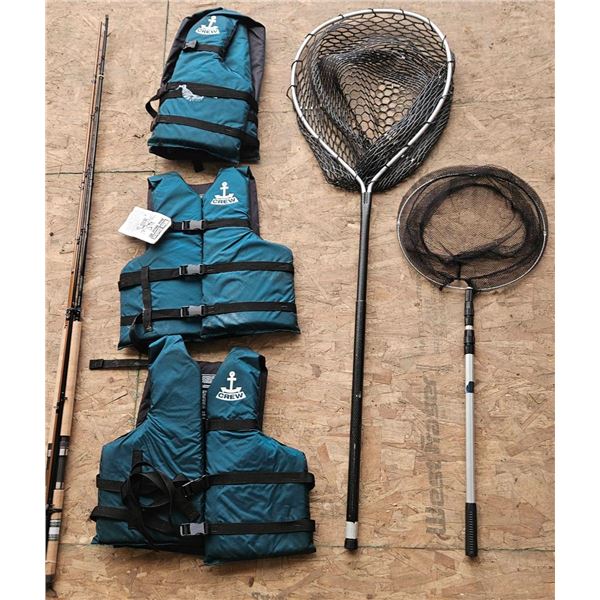 Fishing Gear Set With Life Jackets, Nets, Okuma and Shimano Rods