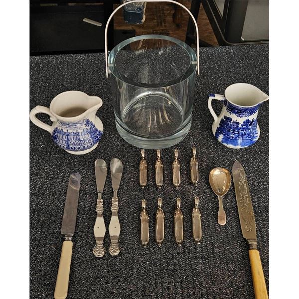 Tableware Lot with Broadhurst Pitchers, Flatware, and Glass Ice Bucket