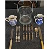Image 1 : Tableware Lot with Broadhurst Pitchers, Flatware, and Glass Ice Bucket