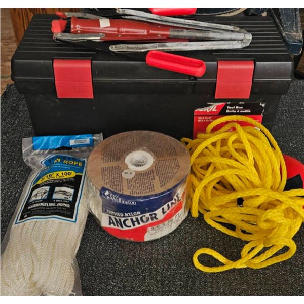 Fishing And Boating Accessory Lot With Ropes And Toolbox