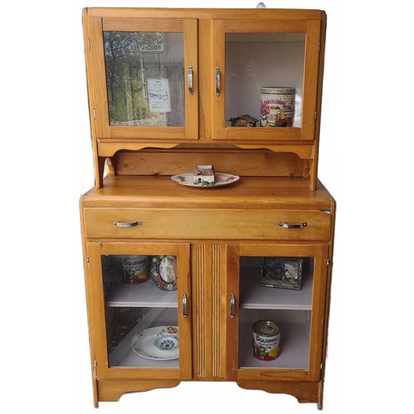 2 Piece Antique Hutch With Collectibles Including Royal Tudor Ware and Tins