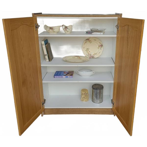 Soft Close Oak Effect Shelving Unit With Assorted Items