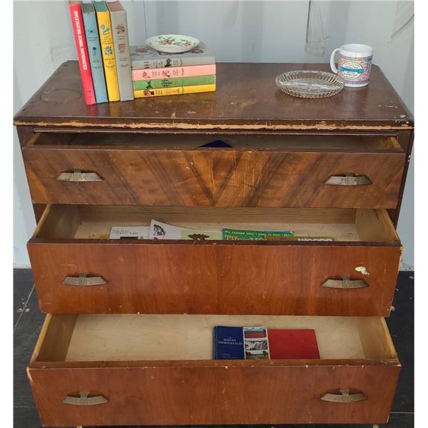 Older Wooden Three-Drawer Dresser With Contents