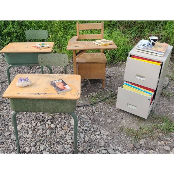 2 Imperial No. 3 School Desks, 1 Vintage Desk, File Cabinet, Decor Items