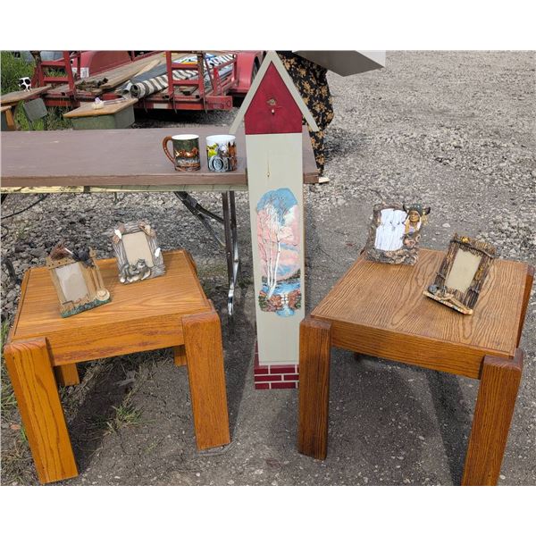 2 Oak End Tables, 4 Western Themed Frames, 2 Horse Mugs, CD Tower