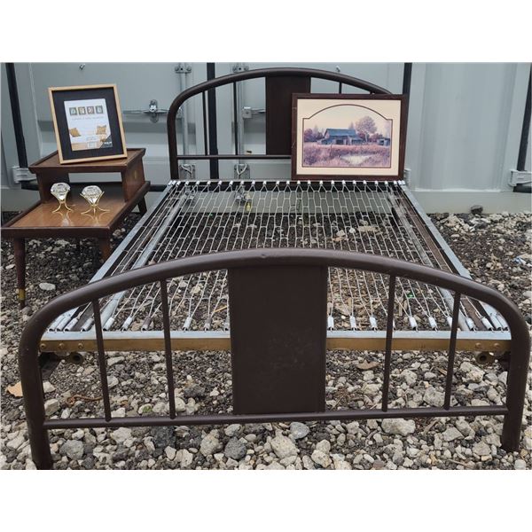 Vintage Metal Bed Frame, MCM Side Table, and Home Decor Lot