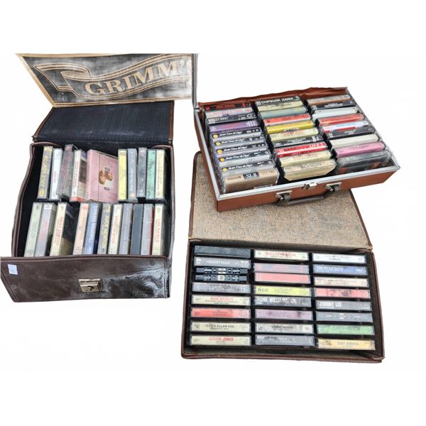 63 Mixed Genre Cassette Tapes in 3 Carrying Cases