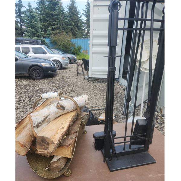 Brass Fireplace Log Holder and Black Metal Tool Set
