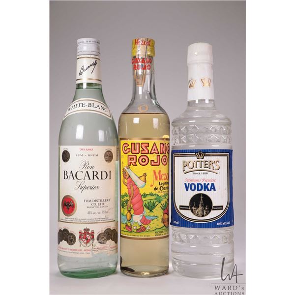 Three bottles including Potters/ Premium Vodka/ 750ml/ 40% ABV, Gusano Rojo/ Mezcal/ 500ml/ 38% ABV 