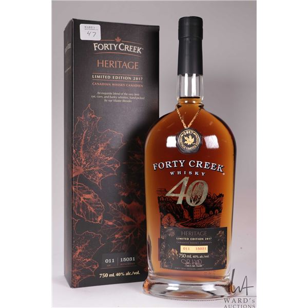 Forty Creek/ Heritage/ Limited Edition/ 2017/ Canadian Whisky/ Lot 011/ Bottle No. 15031/ 750ml/ 40%