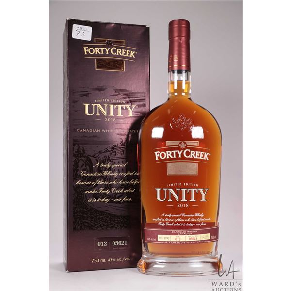 Forty Creek/ Limited Edition Unity/ 2018/ Blended Canadian Whisky/ Lot 012/ Bottle No. 05621/ 750ml/