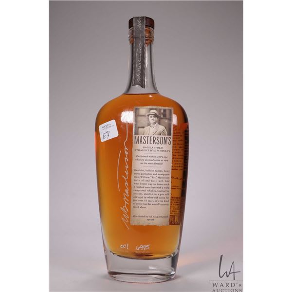 Masterson's/ 10 Year Old/ Straight Rye Whiskey/ Batch no. 001/ Bottle No. 6945/ 750ml/ 45% ABV