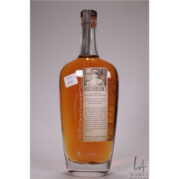 Masterson's/ 10 Year Old/ Straight Rye Whiskey/ Batch no. 001/ Bottle No. 6982/ 750ml/ 45% ABV