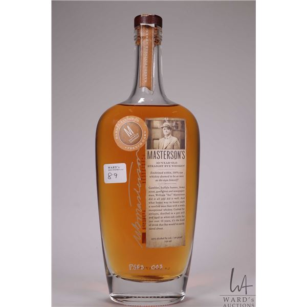 Masterson's/ 10 Year Old/ Straight Rye Whiskey/ Batch no. PSF3/ Bottle No.003/ 750ml/ 45% ABV note: 