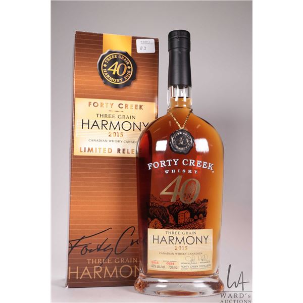 Forty Creek/ Three Grain Harmony/ 2015/ Canadian Whisky/ Lot 2105/ Bottle No. 0934/ 750ml/ 43% ABV