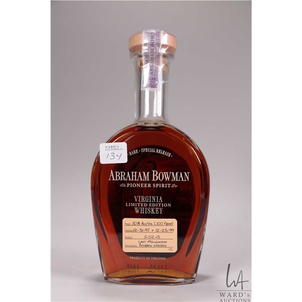Abraham Bowman/ Pioneer Spirit/ Virginia Limited Edition Whiskey/ 750ml/ 50% ABV