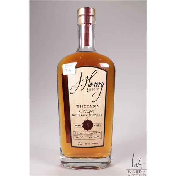 J. Henry & Sons/ 5 Year/ Wisconsin Straight Bourbon Whiskey/ Batch No. 57/ Bottle No. 3041/ 750ml/ 4