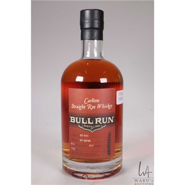 Bull Run Distilling Co./ Carlton Straight Rye Whiskey/ Batch No. 0001/ No. 00769/ 750ml/ 46.4% ABV