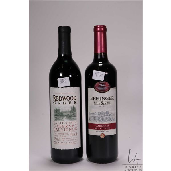 Two bottles of red wine including Redwood/ California Cabernet Sauvignon. 750ml/ 13% ABV and Beringe