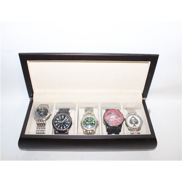 WOOD WATCH CASE WITH LOT OF 5 WATCHES