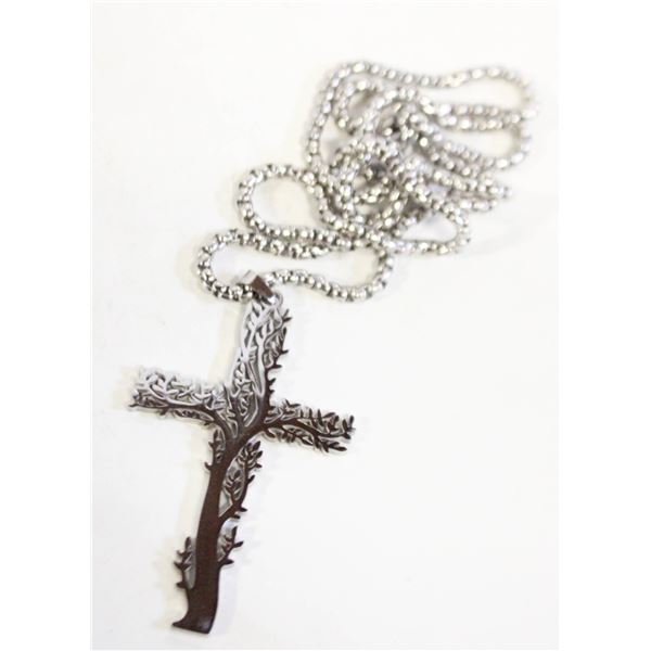 SILVER-TONE TREE OF LIFE CROSS & 24" CHAIN.