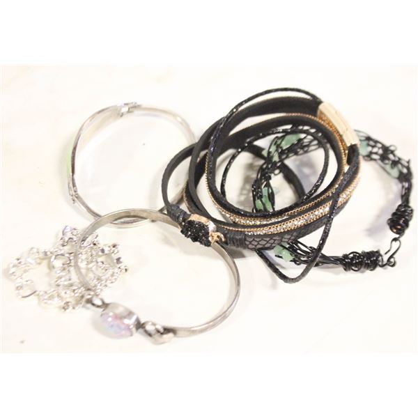 5 LADIES BRACELETS; 2 SILVER, WIRE, WRAP, HEART
