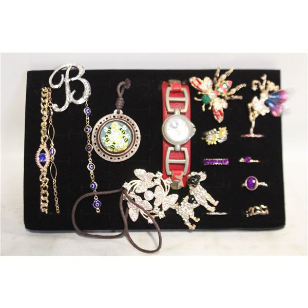 TRAY W/ BROOCH AND BRACELETS RINGS AND WATCHE