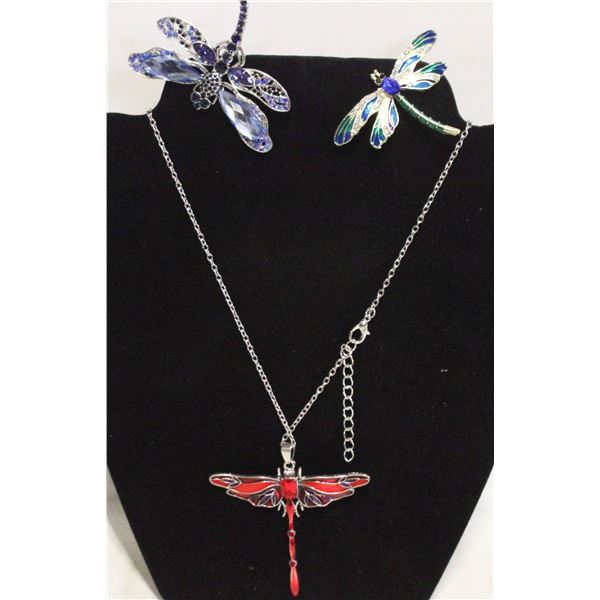 NEW CRYSTAL AQUA RED DRAGONFLY NECKLACE AND