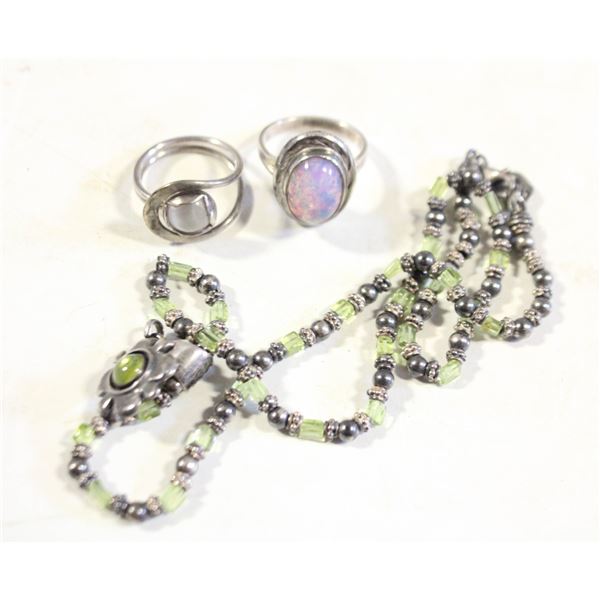 SILVER JEWELRY; 2 RINGS EST SIZE 8 & NECKLACE