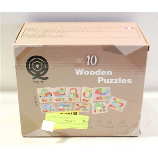 NEW- 10 WOODEN PUZZLES IN BOX.