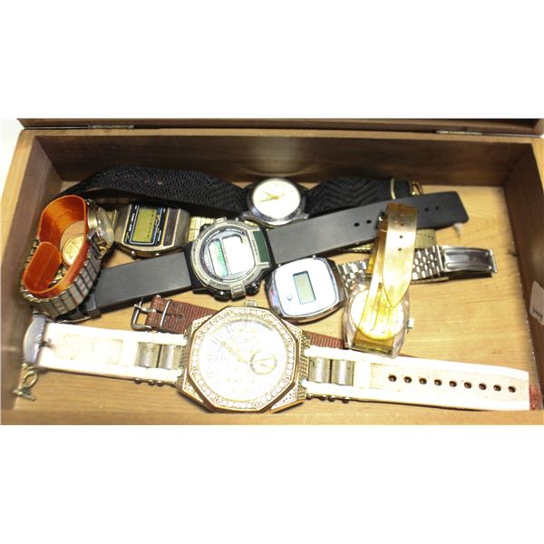 WOODEN BOX OF OLD WATCHES