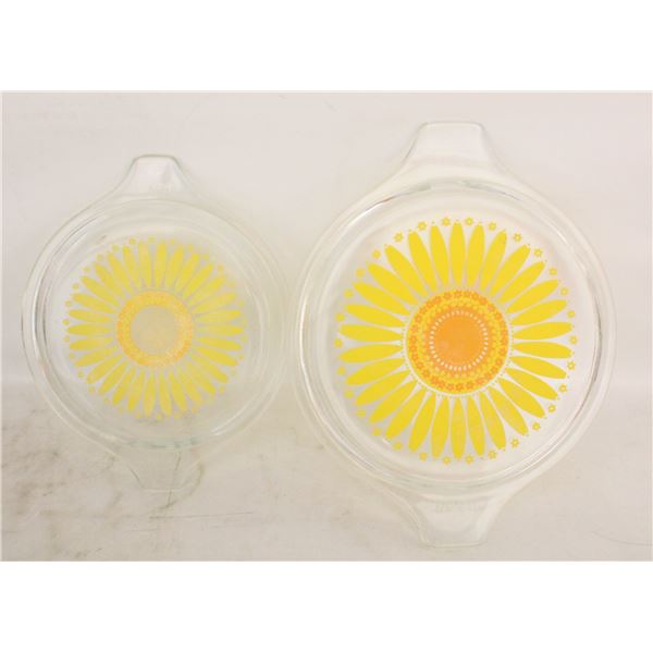 2 VINTAGE PYREX DAISY/SUNFLOWER LIDS