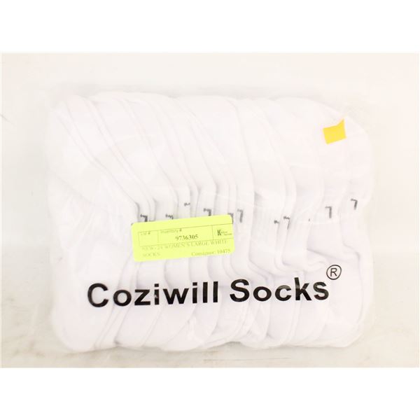 NEW- 24 WOMEN’S LARGE WHITE SOCKS.
