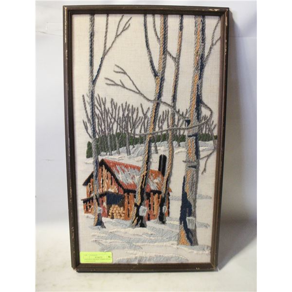 VINTAGE CREWEL EMBROIDERY CABIN SCENE