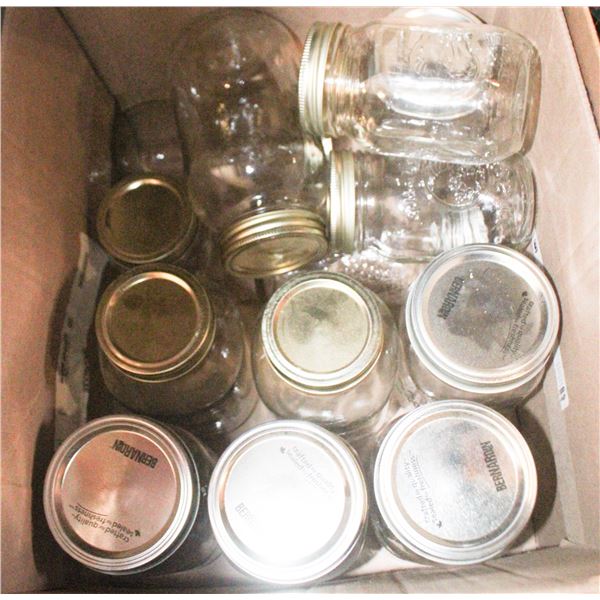 13 CANNING JARS WITH LIDS. VARIOUS SIZES