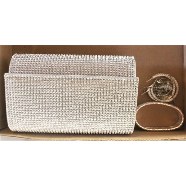 RHINESTONE PURSE, EAR RINGS X 2 & BRACELET