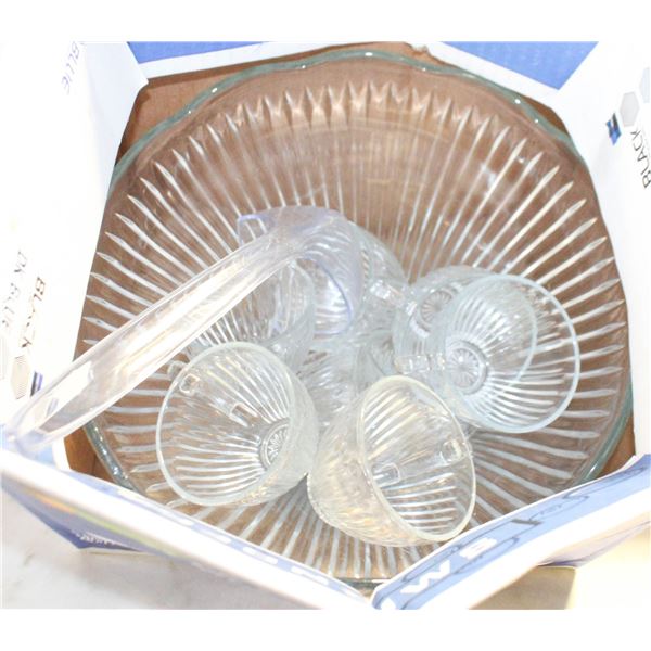 VINTAGE PUNCH BOWL, 8 CUPS & LADEL
