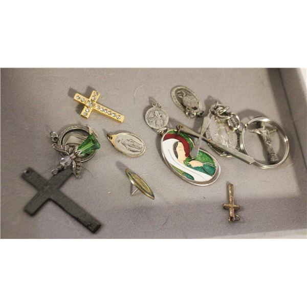 ESTATE RELIGIOUS PENDANTS, PINS, KEYCHAIN,