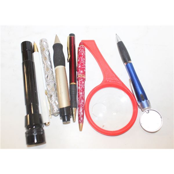 ESTATE PENS, MAGNIFIER, MAG LITE ALL TOGETHER